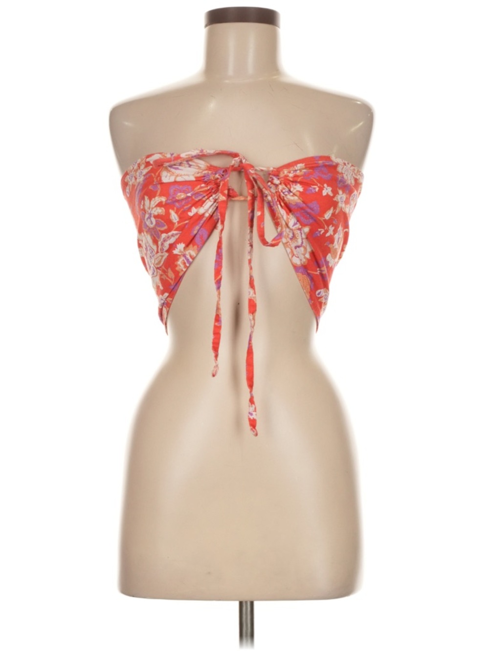 Floral Tie-Front Bandeau Swim Top in Coral